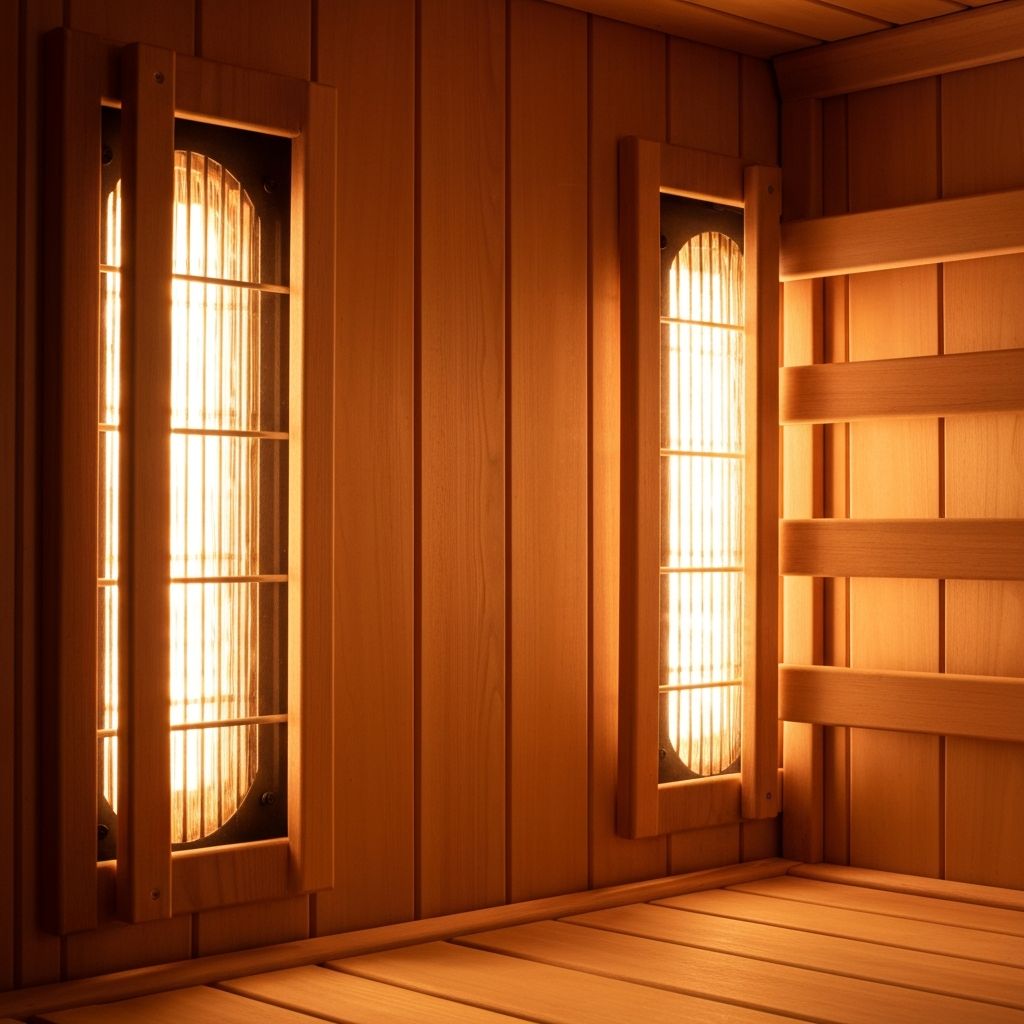 Premium infrared sauna interior with glowing heating elements